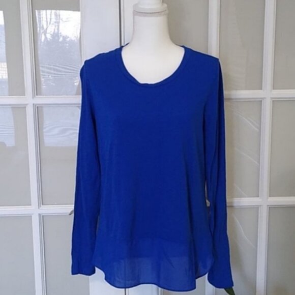 NWOT A.N.A High Low Blue Long Sleeve Sheer Back Top - Picture 3 of 10